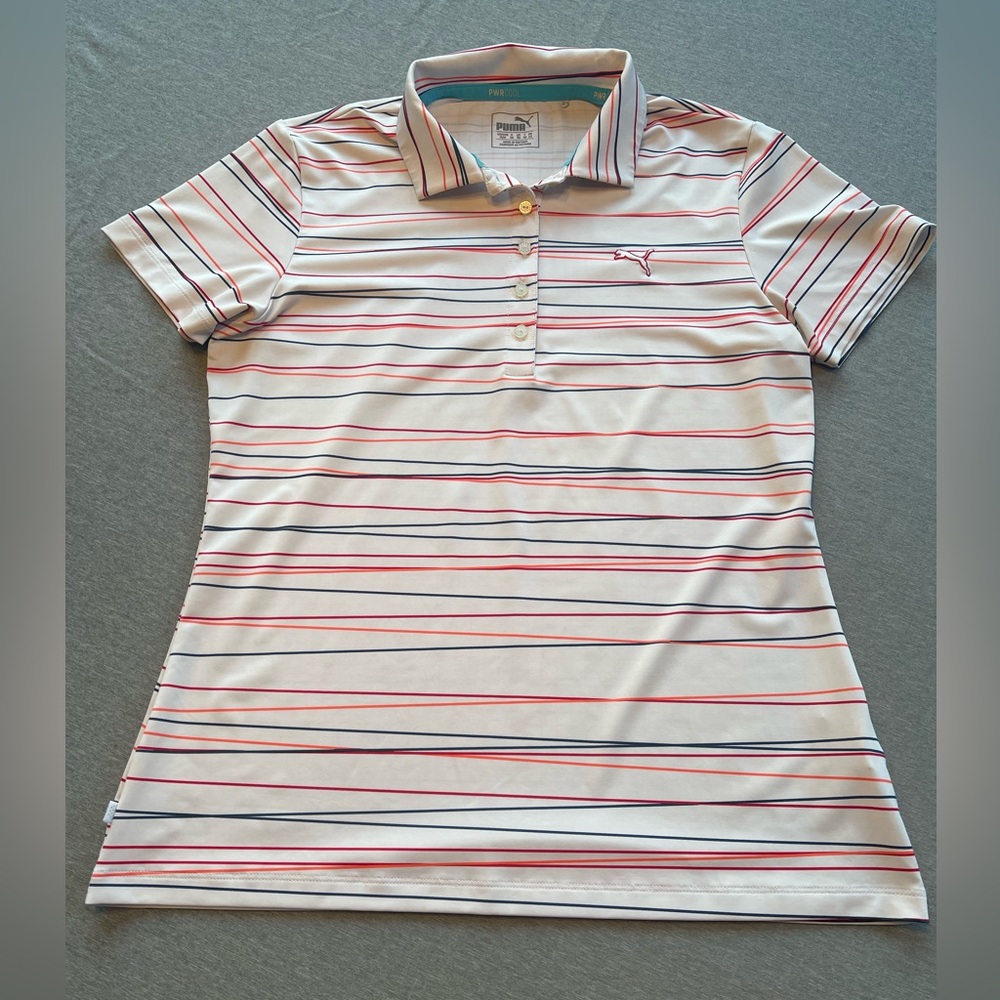 Puma Women's Button Down Shirt - White with Pink and Blue Stripes